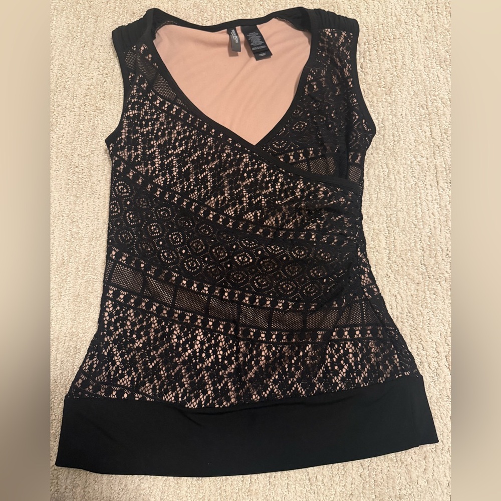 Women’s Bisou Bisou Black and Nude Lace Sleeveless Top‎ Size XS